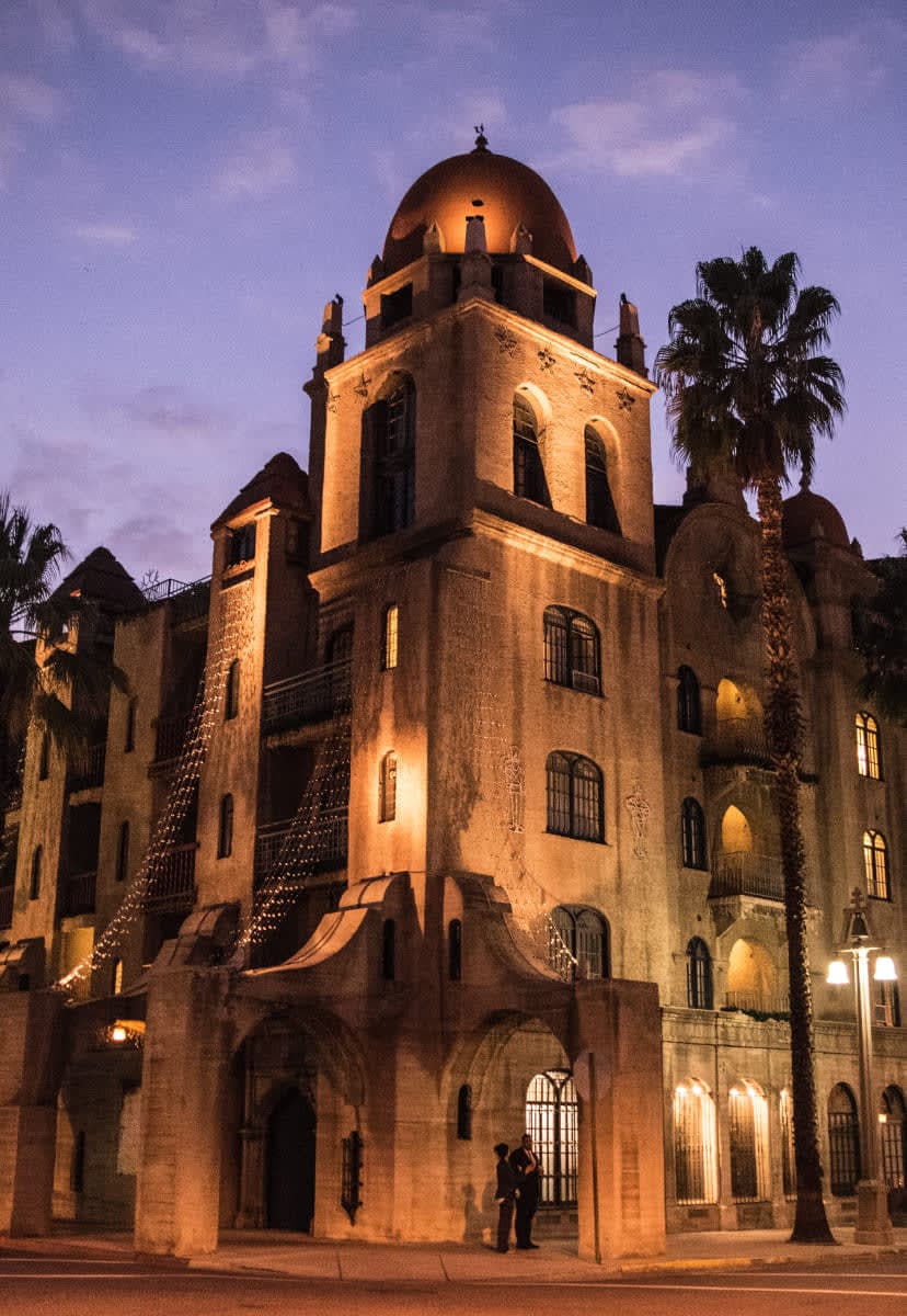 orange lit building in riverside california