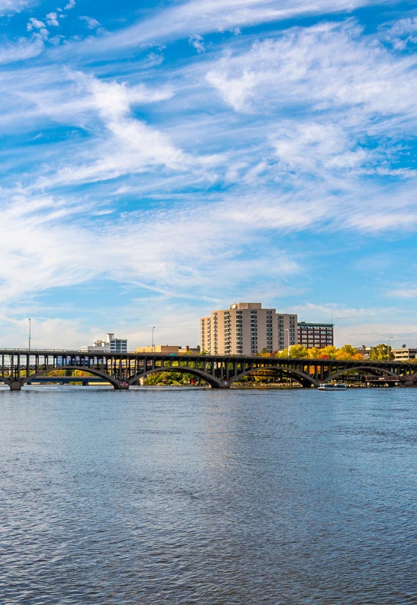 view of rockford illinois from across a body of water