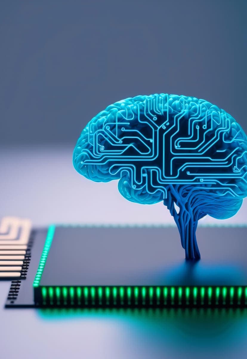 A computer chip with an image of a brain coming out of it that is also filled with computer chip-like wiring