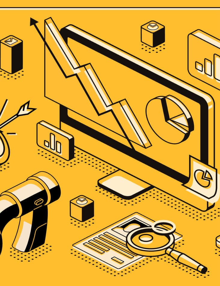 A group of marketing symbols, including a target, graphs, and a megaphone, against a yellow background