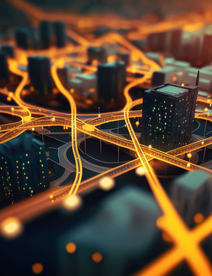 A dark-colored city with the roads between buildings lit up in orange