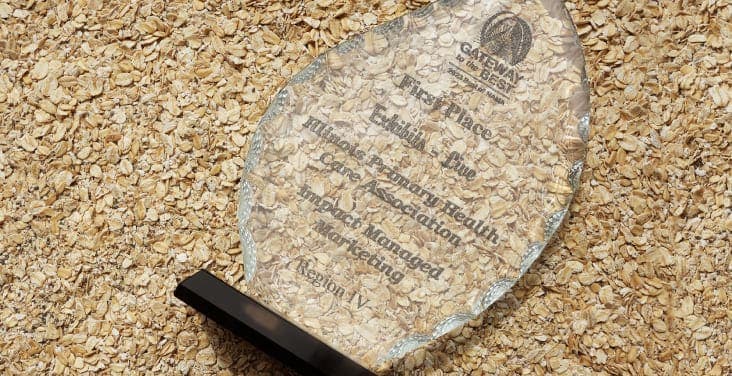 A glass Best of NAMA Awards trophy on top of a background of dried oatmeal.