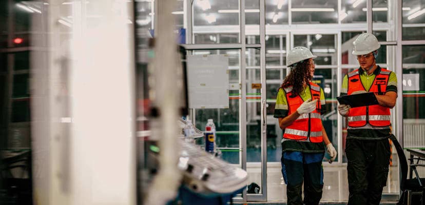 two workers in a factory wearing high vis vests ai in manufacturing