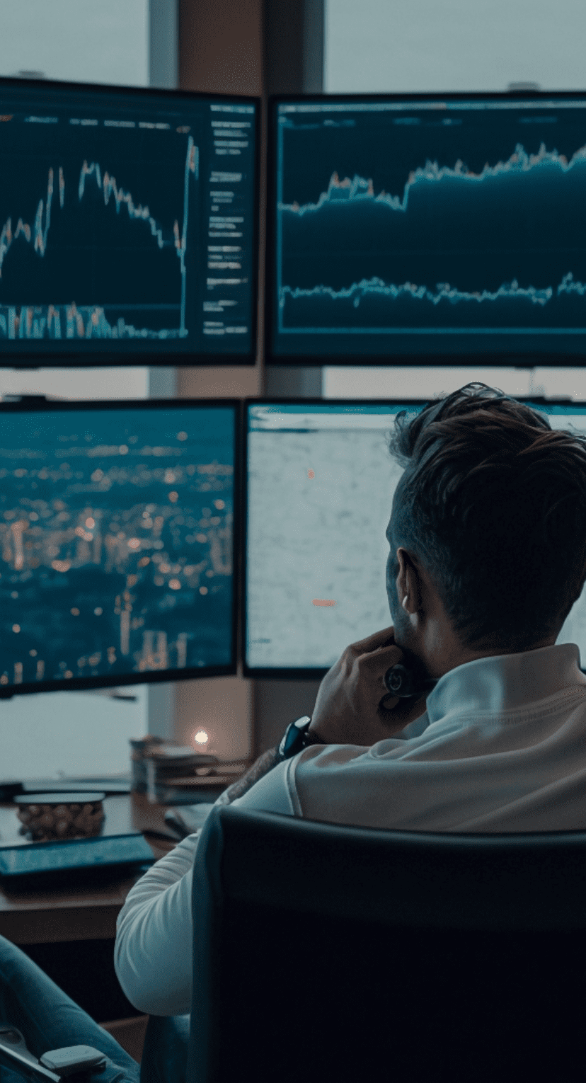 Person looking at multiple screens with data and graphs on them